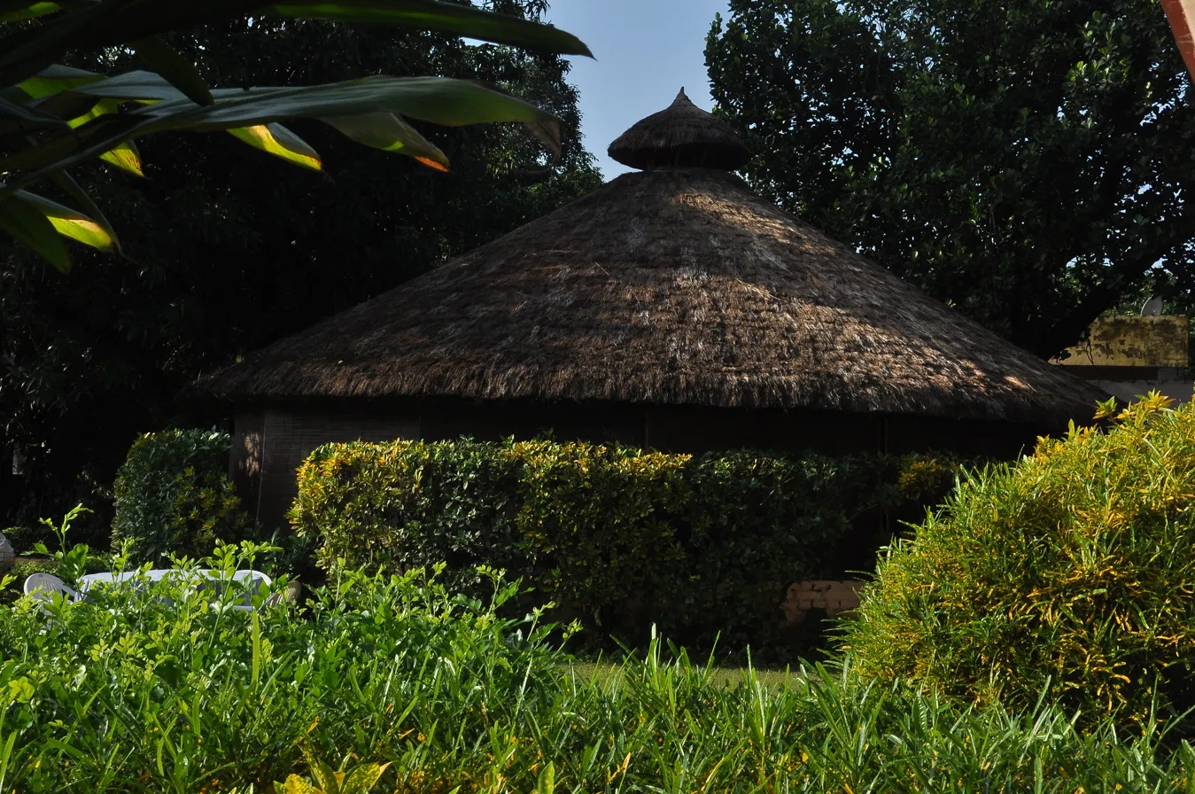 Open-air thatched dining pavilion at Corbett Wild Restaurant, Jim Corbett National Park
